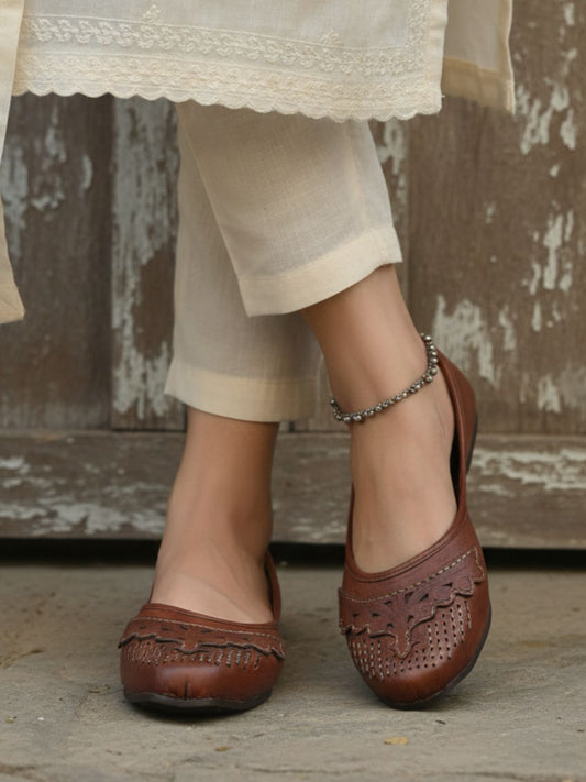 Brown Ethnic Jutti with Cutwork & Zari Embroidery for Women