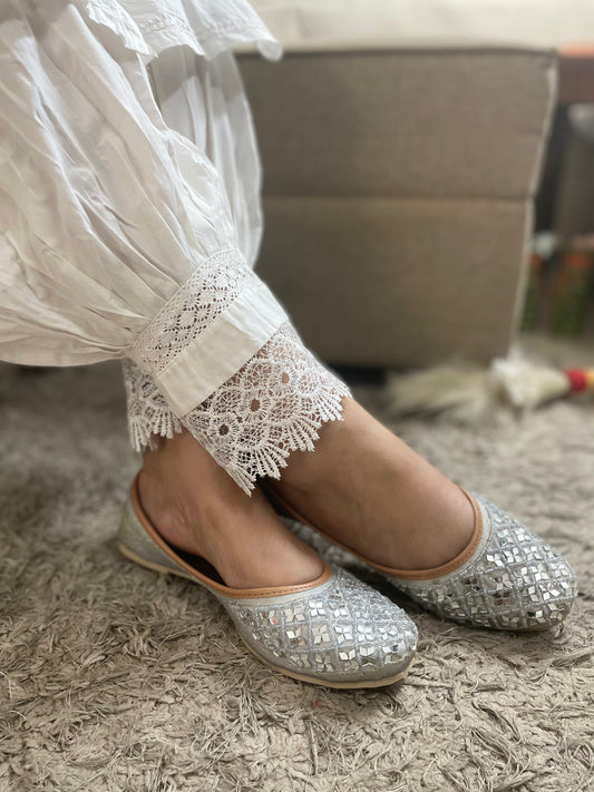 DESI COLOUR Women Grey Embellished Leather Ethnic Mojaris Flats