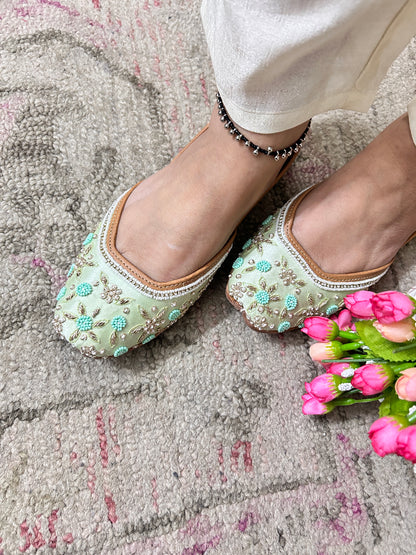 Sea Green Pastel Leather Mojari with Dabka & Pearl Work for Women