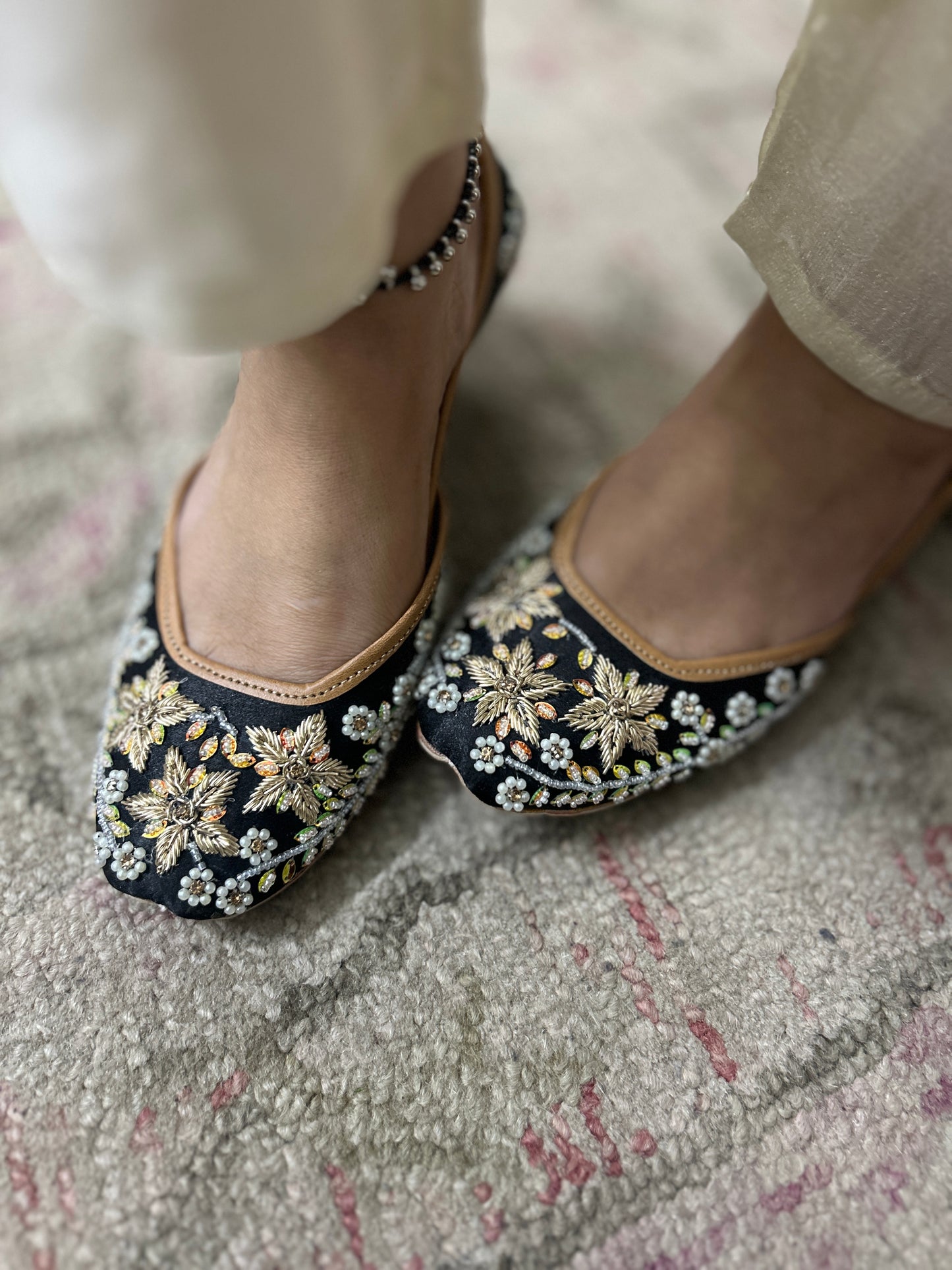 Aarna Black Bridal Leather Mojari with Dabka Work for Women