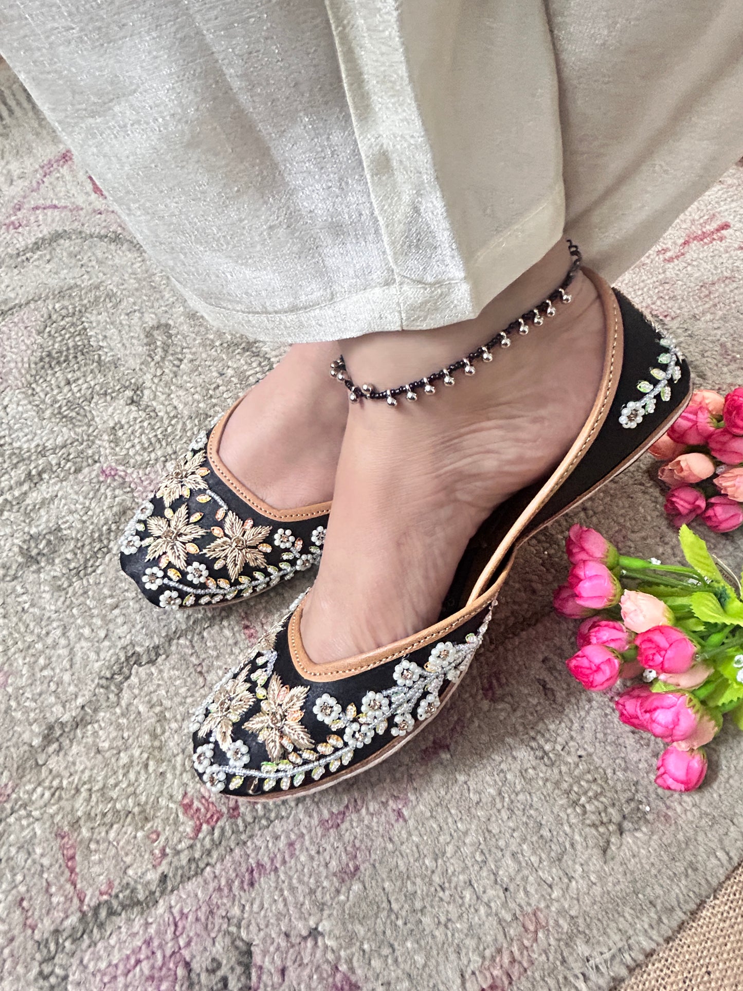 Aarna Black Bridal Leather Mojari with Dabka Work for Women