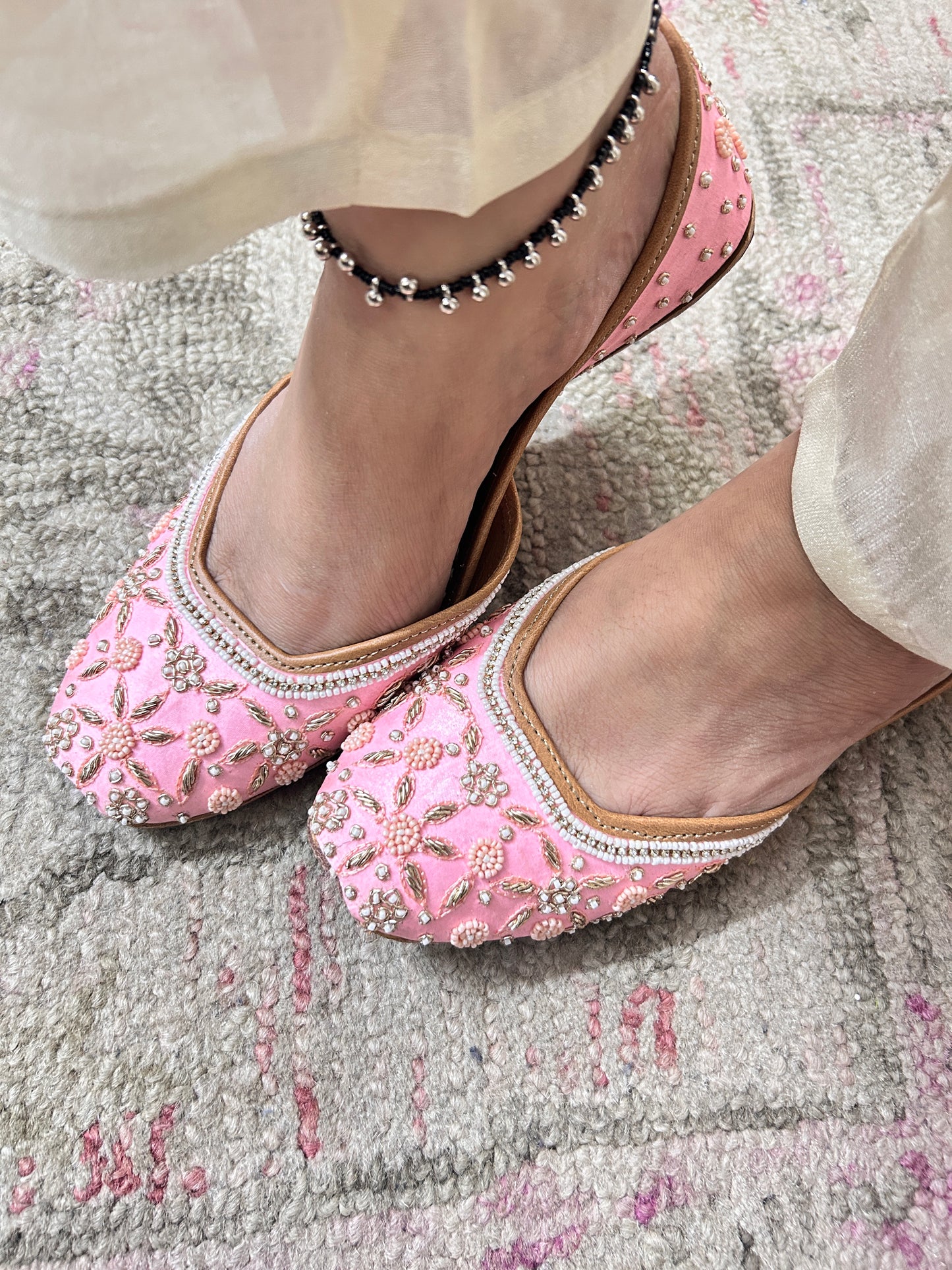 Zyra Pink Bridal Leather Mojari with Pearl & Stone Work for Women
