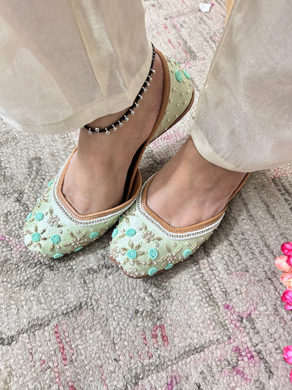 Sea Green Pastel Leather Mojari with Dabka & Pearl Work for Women