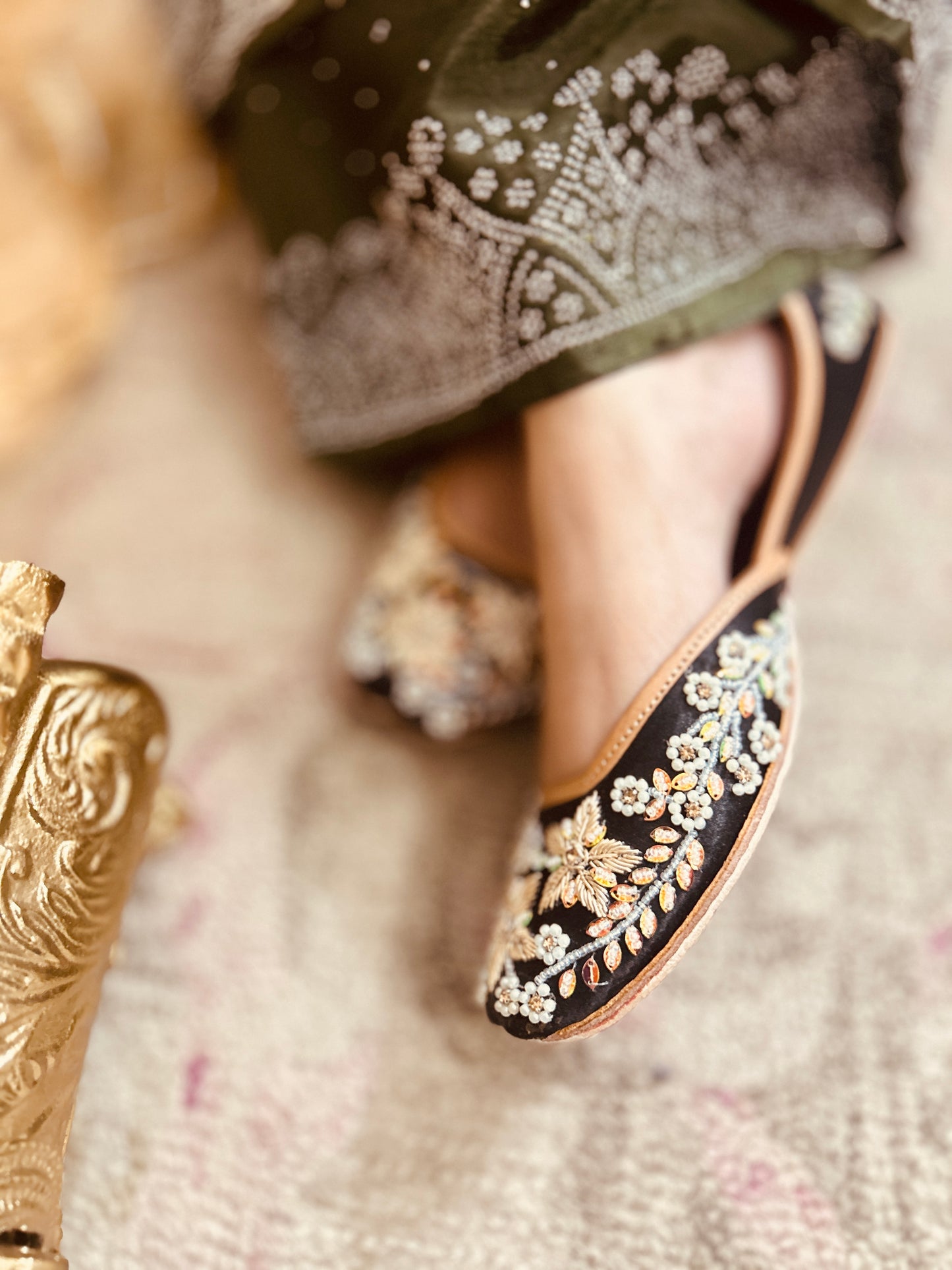 Aarna Black Bridal Leather Mojari with Dabka Work for Women