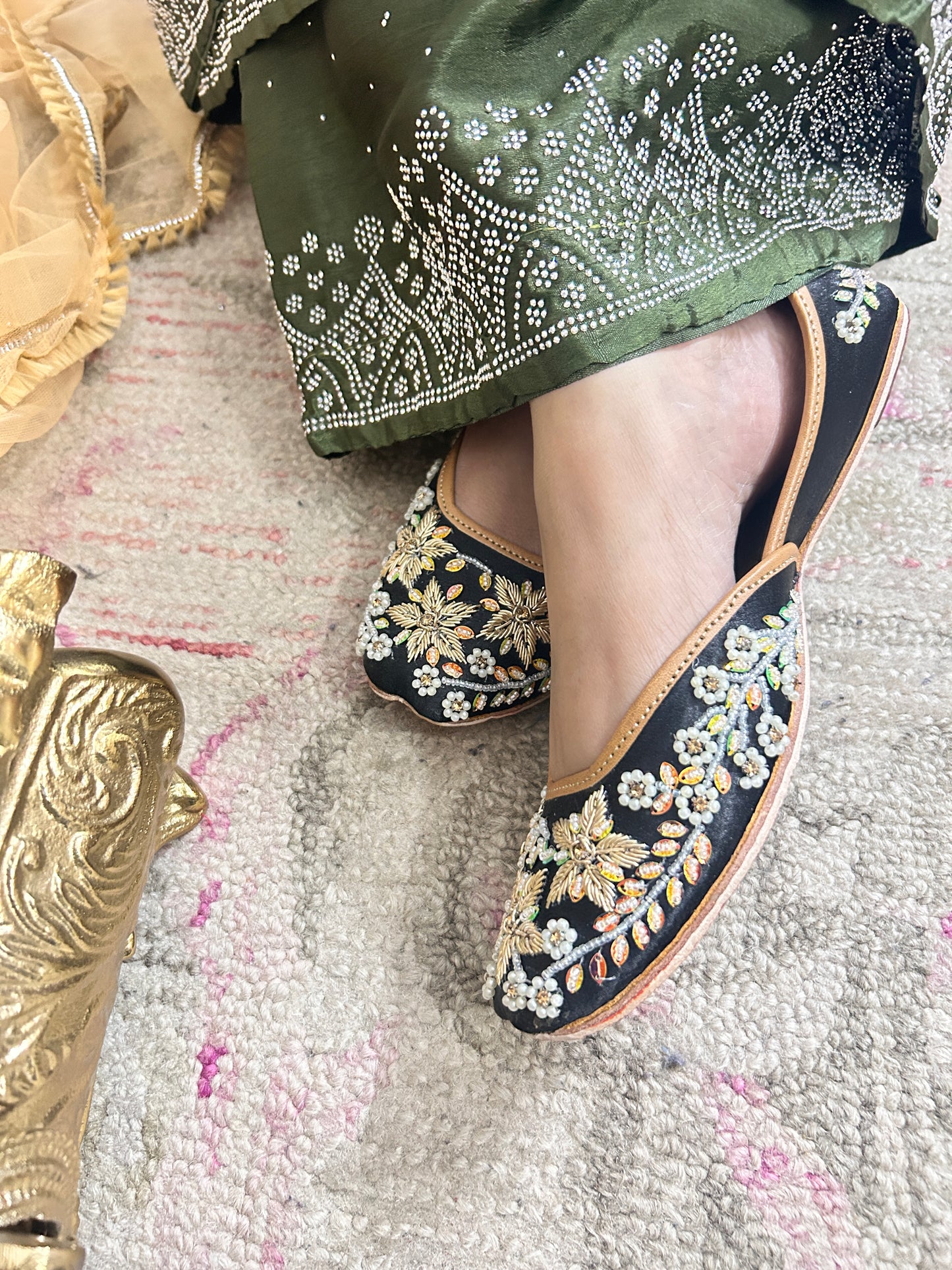 Aarna Black Bridal Leather Mojari with Dabka Work for Women