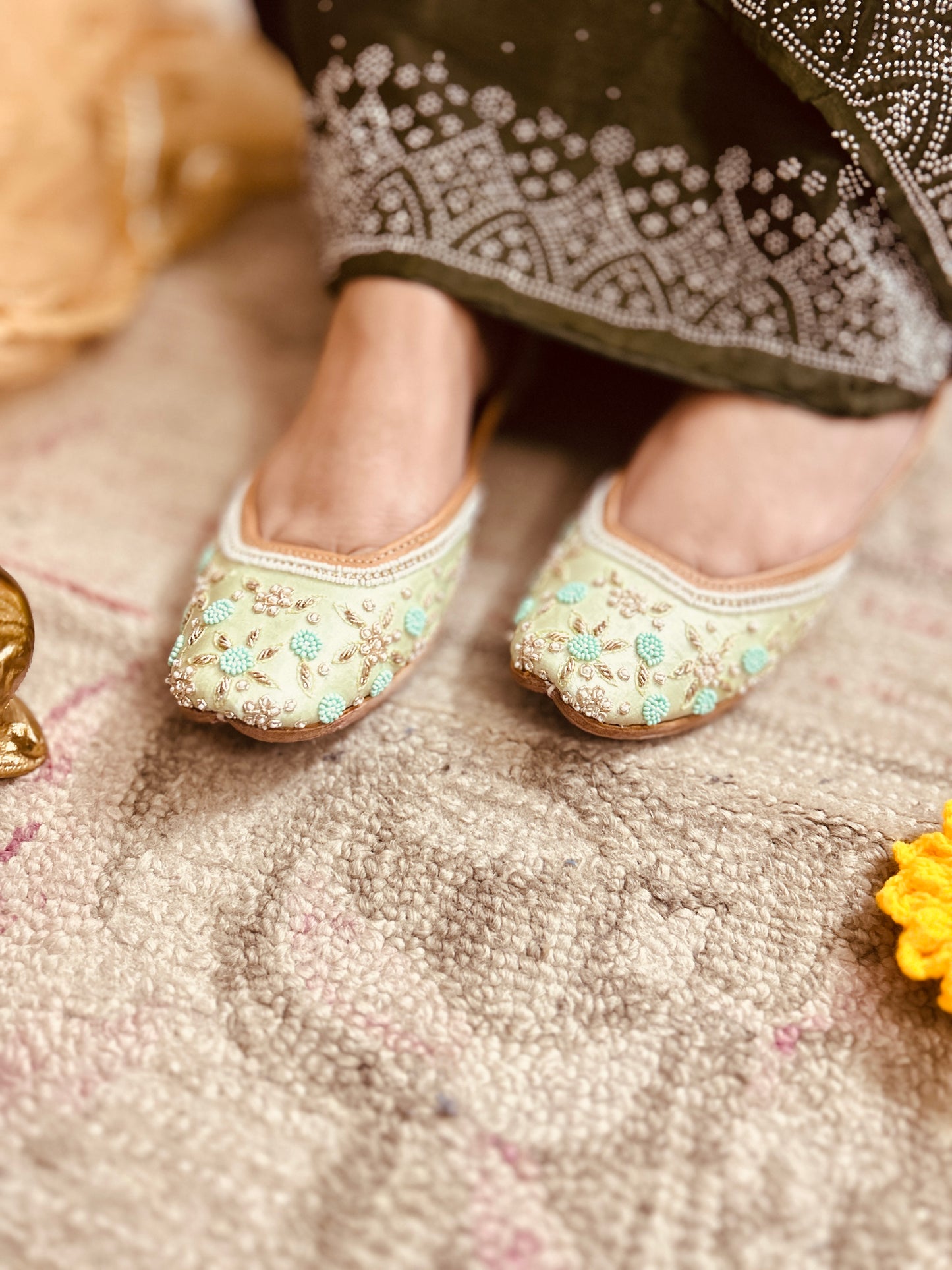 Sea Green Pastel Leather Mojari with Dabka & Pearl Work for Women
