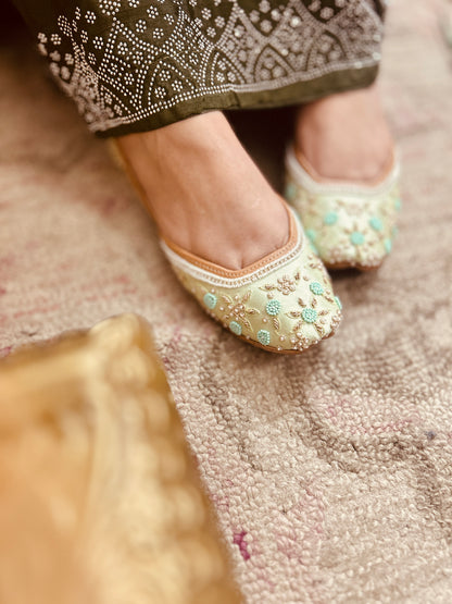 Sea Green Pastel Leather Mojari with Dabka & Pearl Work for Women