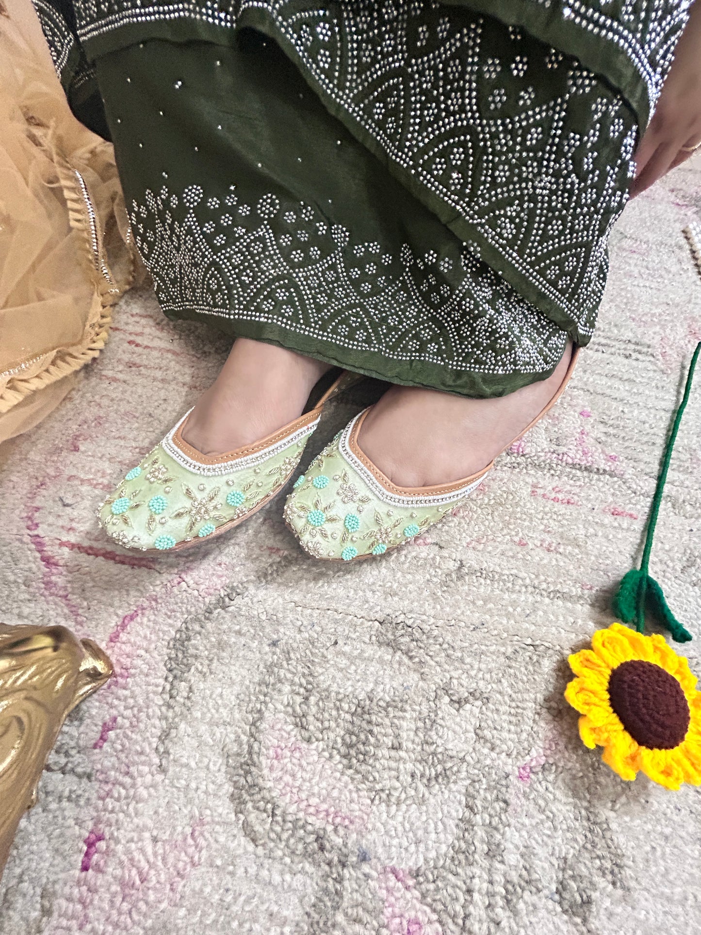 Sea Green Pastel Leather Mojari with Dabka & Pearl Work for Women