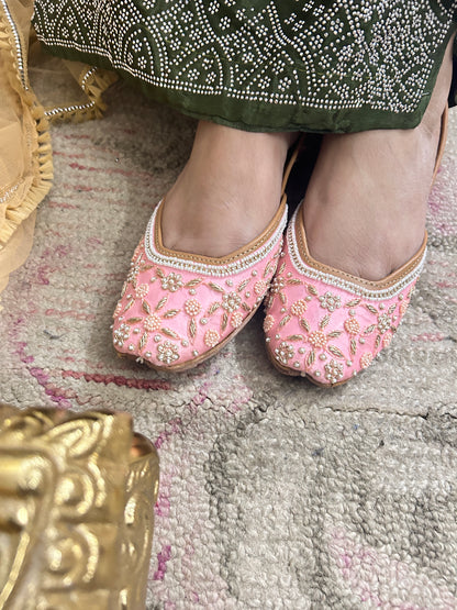Zyra Pink Bridal Leather Mojari with Pearl & Stone Work for Women