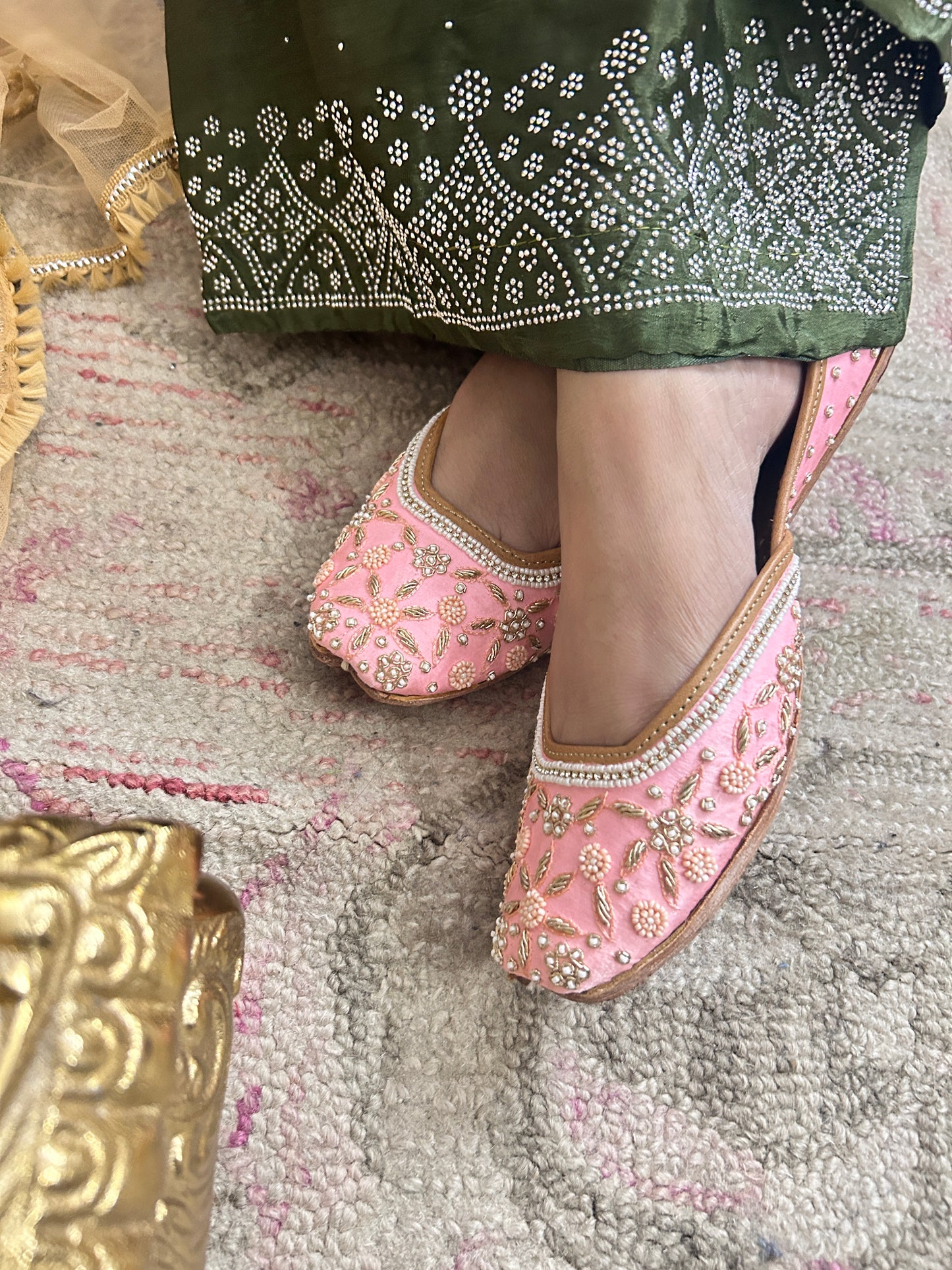 Zyra Pink Bridal Leather Mojari with Pearl & Stone Work for Women