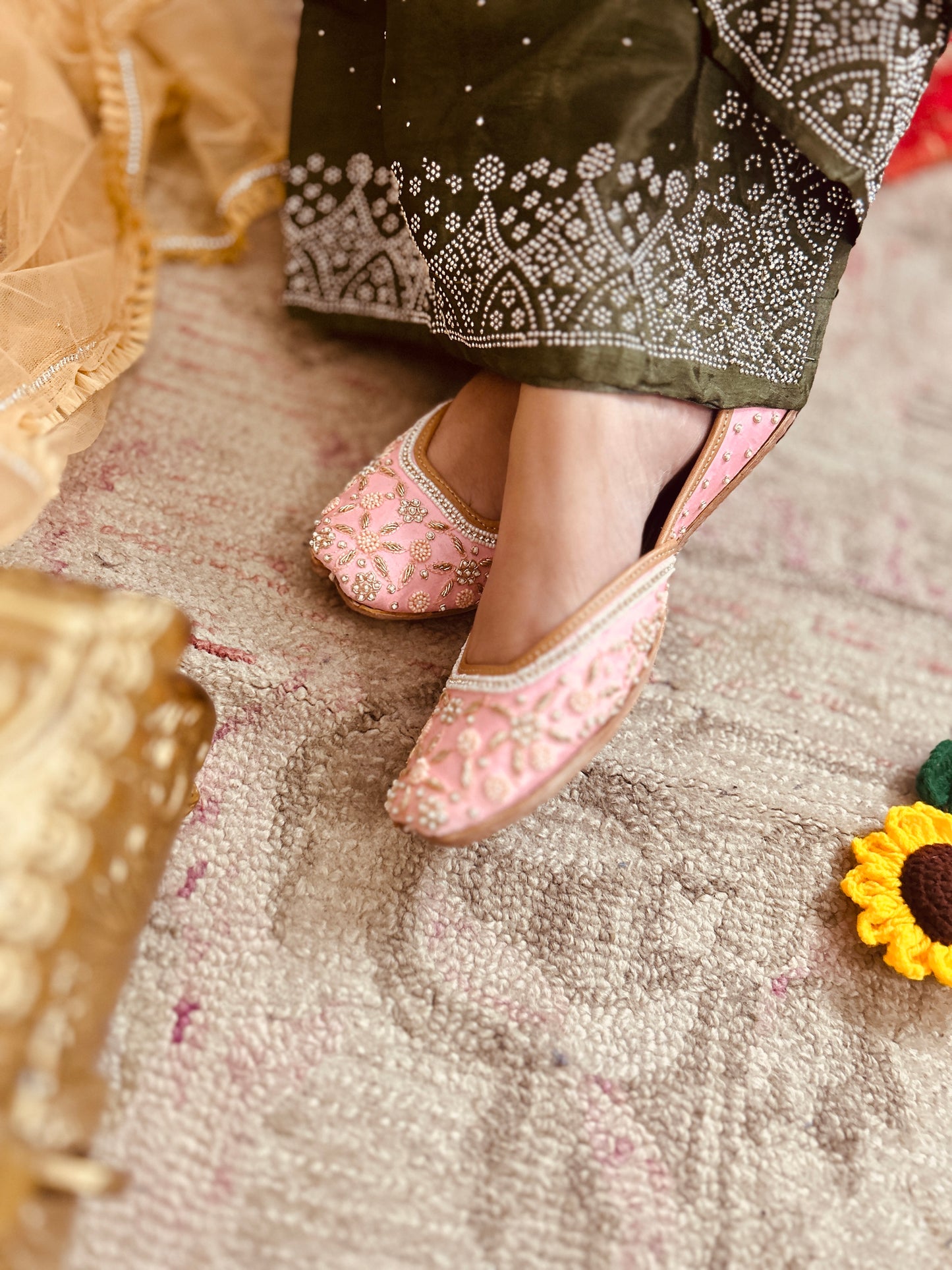 Zyra Pink Bridal Leather Mojari with Pearl & Stone Work for Women
