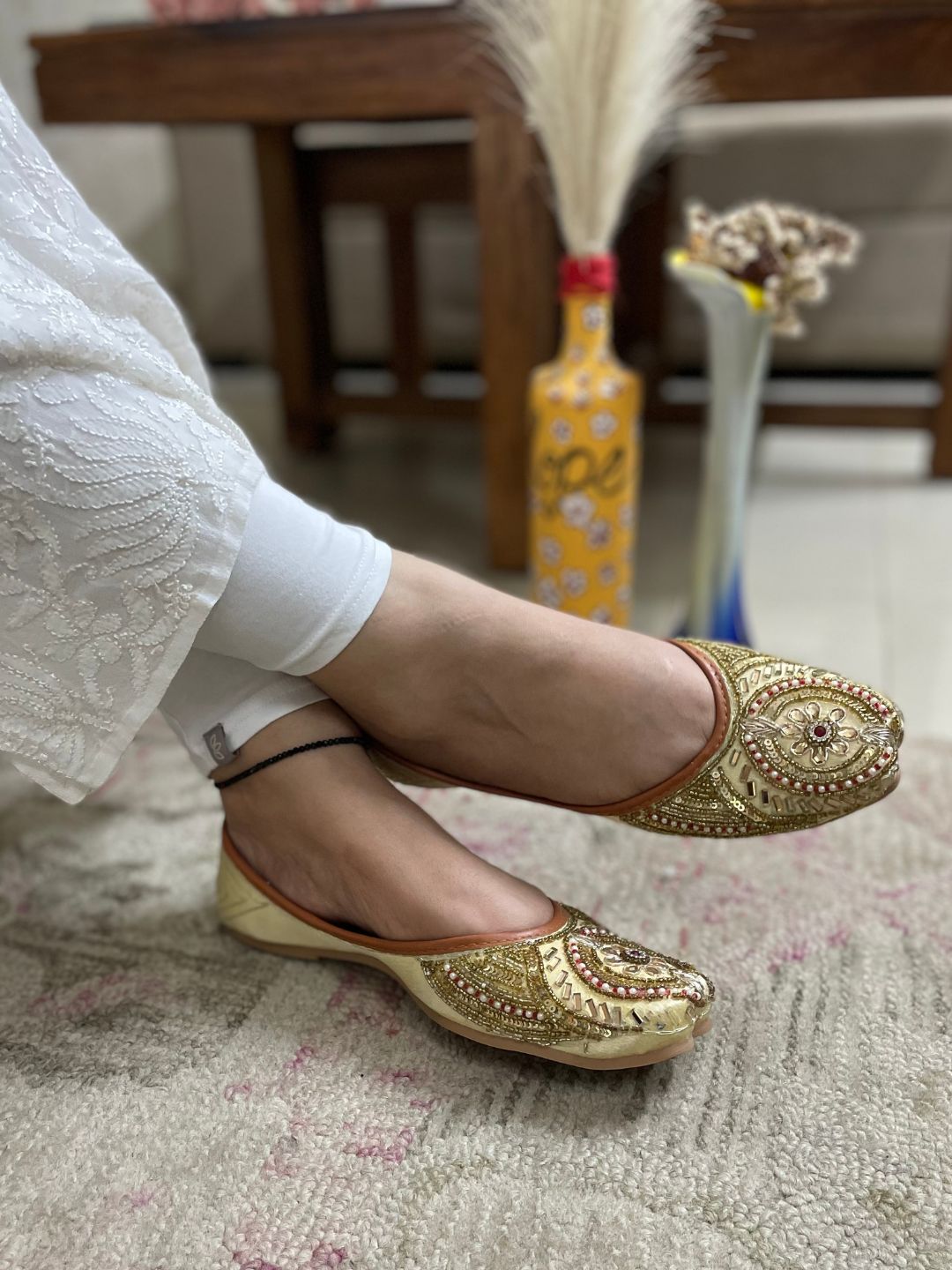 Women Gold-Toned Embellished Leather Ethnic Mojaris Flats