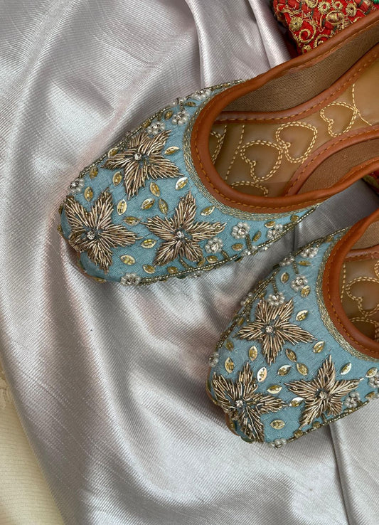 DESI COLOUR Women Blue  Gold Ethnic Embellished Handcrafted Mojaris