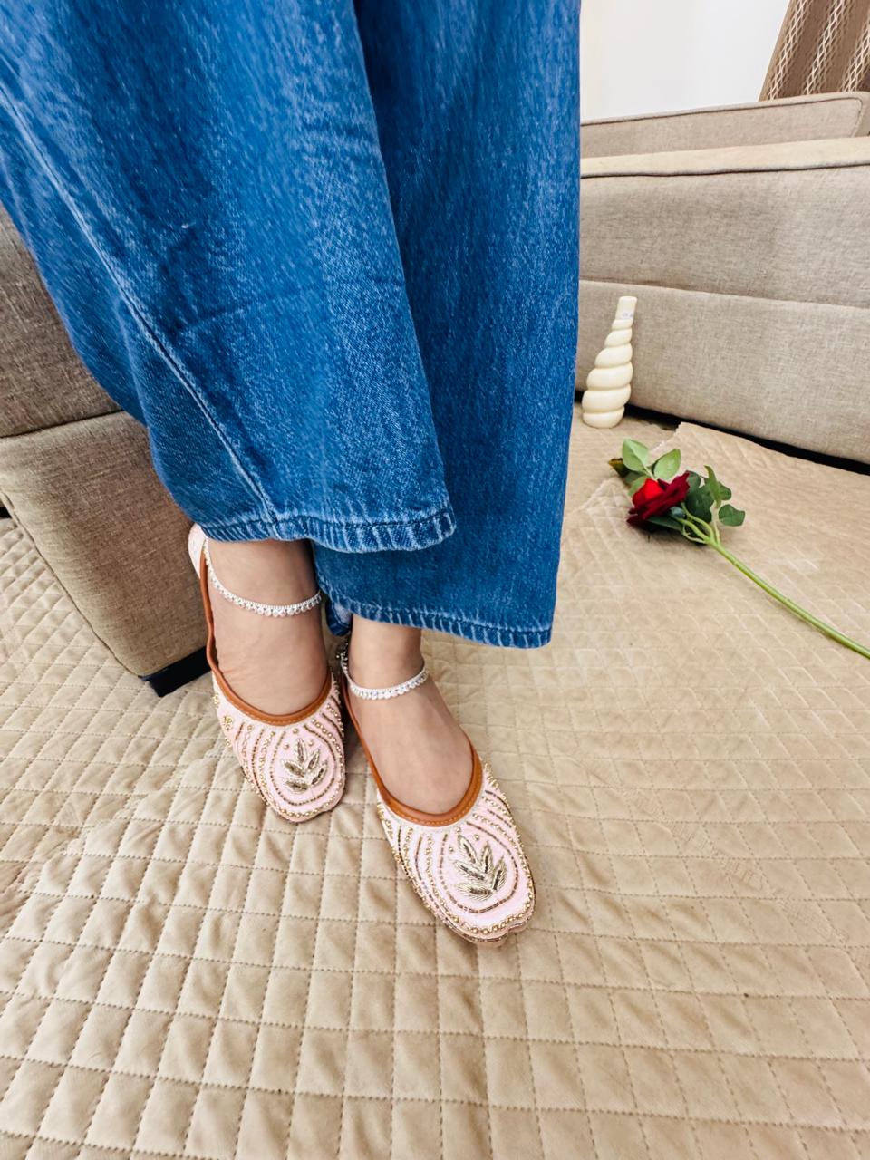 Peach Dabka & Gold Stone Embellished Mojaris for Women