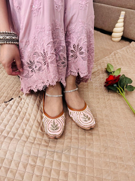 Peach Dabka & Gold Stone Embellished Mojaris for Women