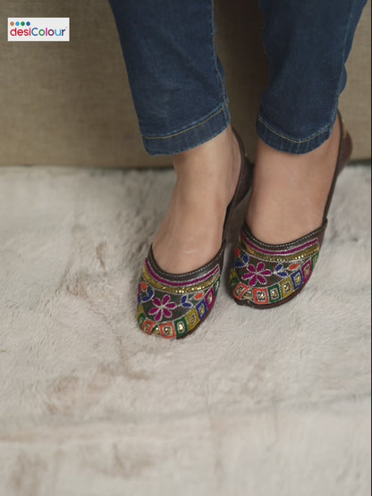 Brown Multicolour Floral Mukaish Work Leather Punjabi Jutti for Women