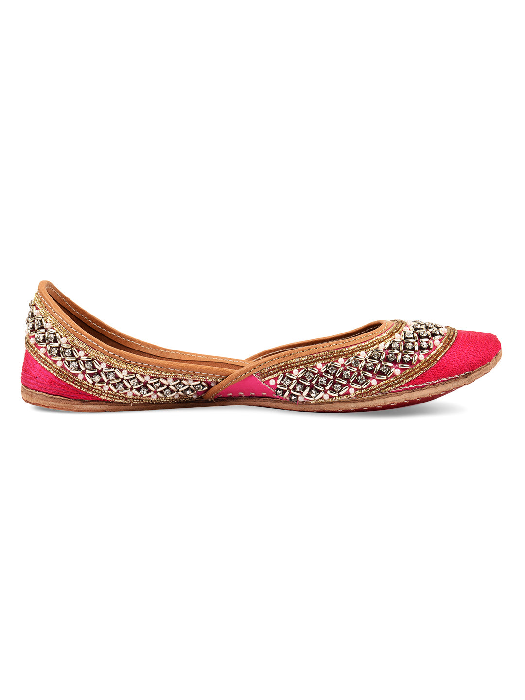 DESI COLOUR Women Pink Embellished Leather Mojaris