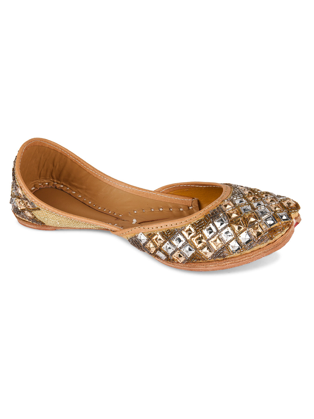 DESI COLOUR Women Gold-Toned Embellished Leather Mojaris