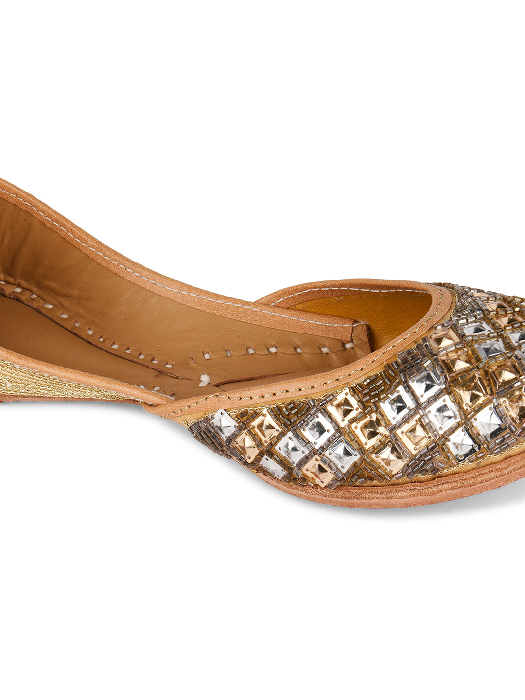 DESI COLOUR Women Gold-Toned Embellished Leather Mojaris