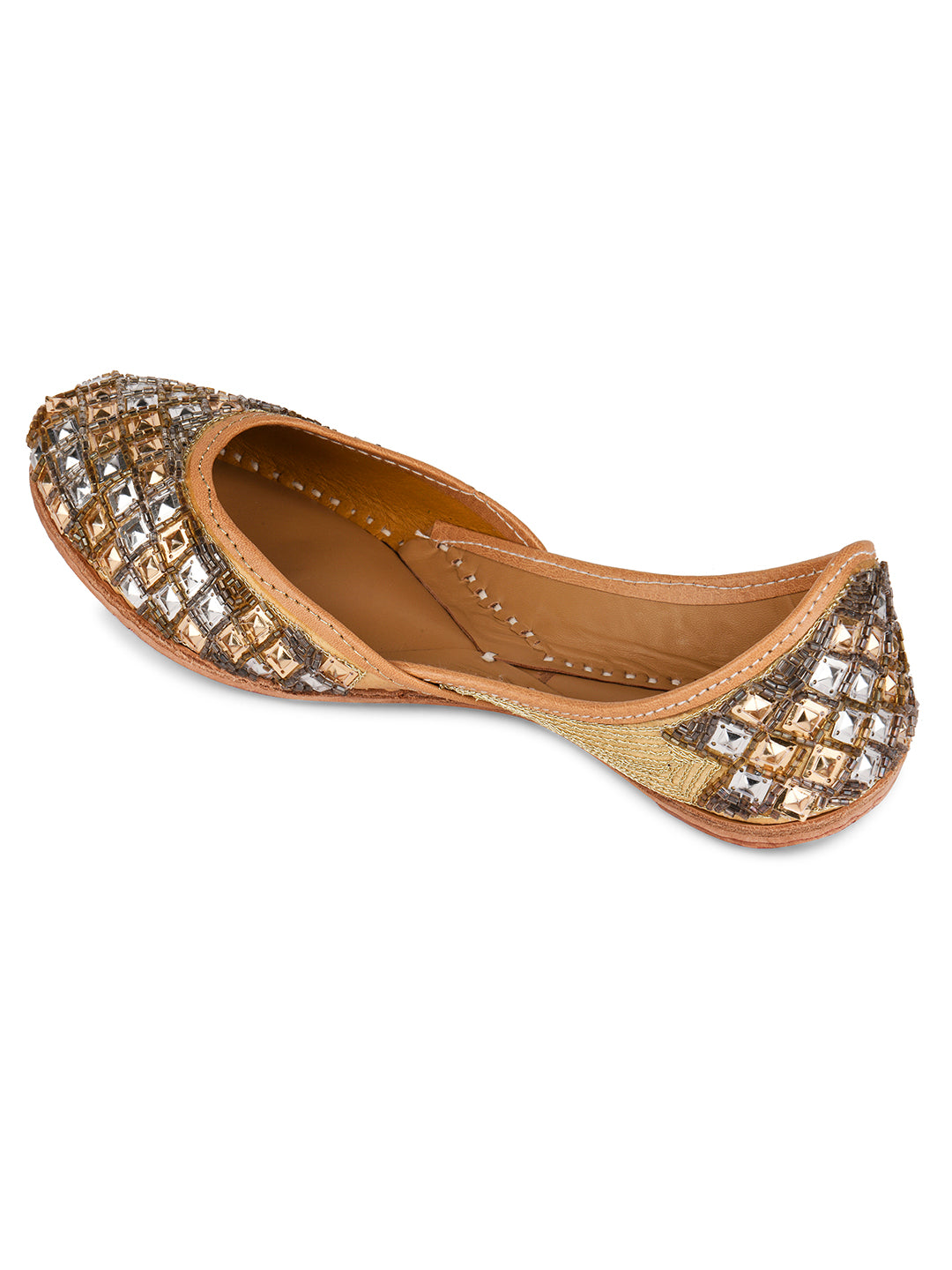 DESI COLOUR Women Gold-Toned Embellished Leather Mojaris