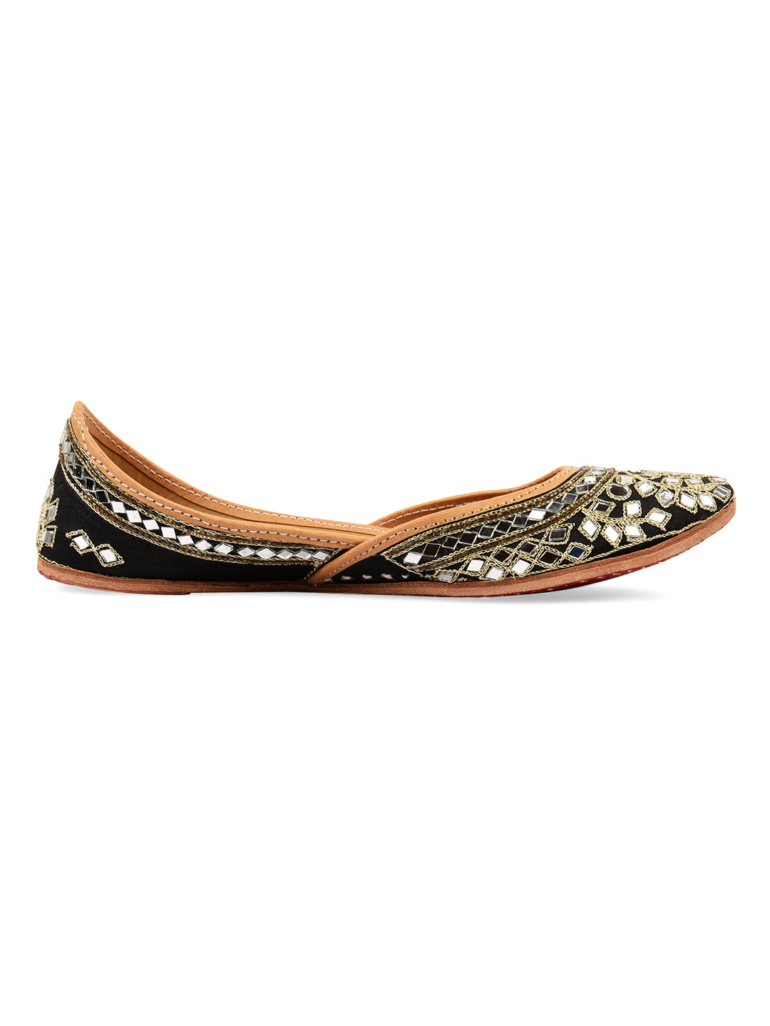 DESI COLOUR Women Black Embellished Leather Mojaris