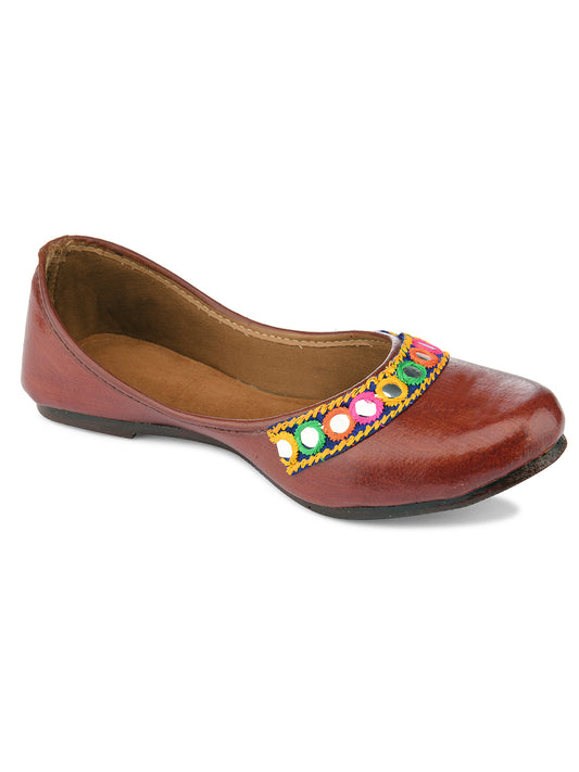 DESI COLOUR Women Brown Embellished Leather Ethnic Mojaris Flats