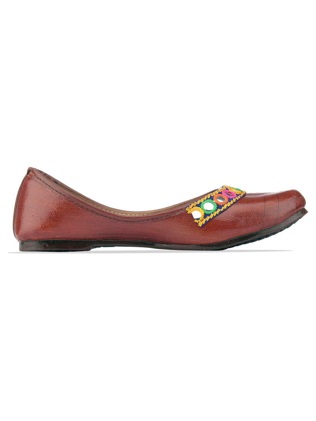 DESI COLOUR Women Brown Embellished Leather Ethnic Mojaris Flats