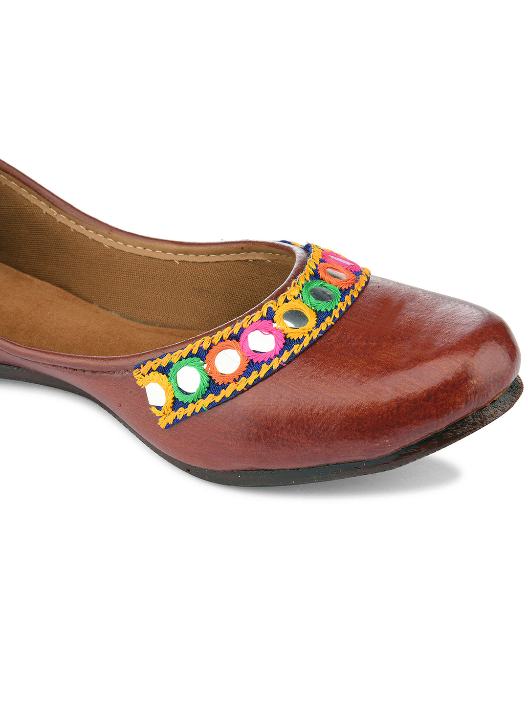 DESI COLOUR Women Brown Embellished Leather Ethnic Mojaris Flats