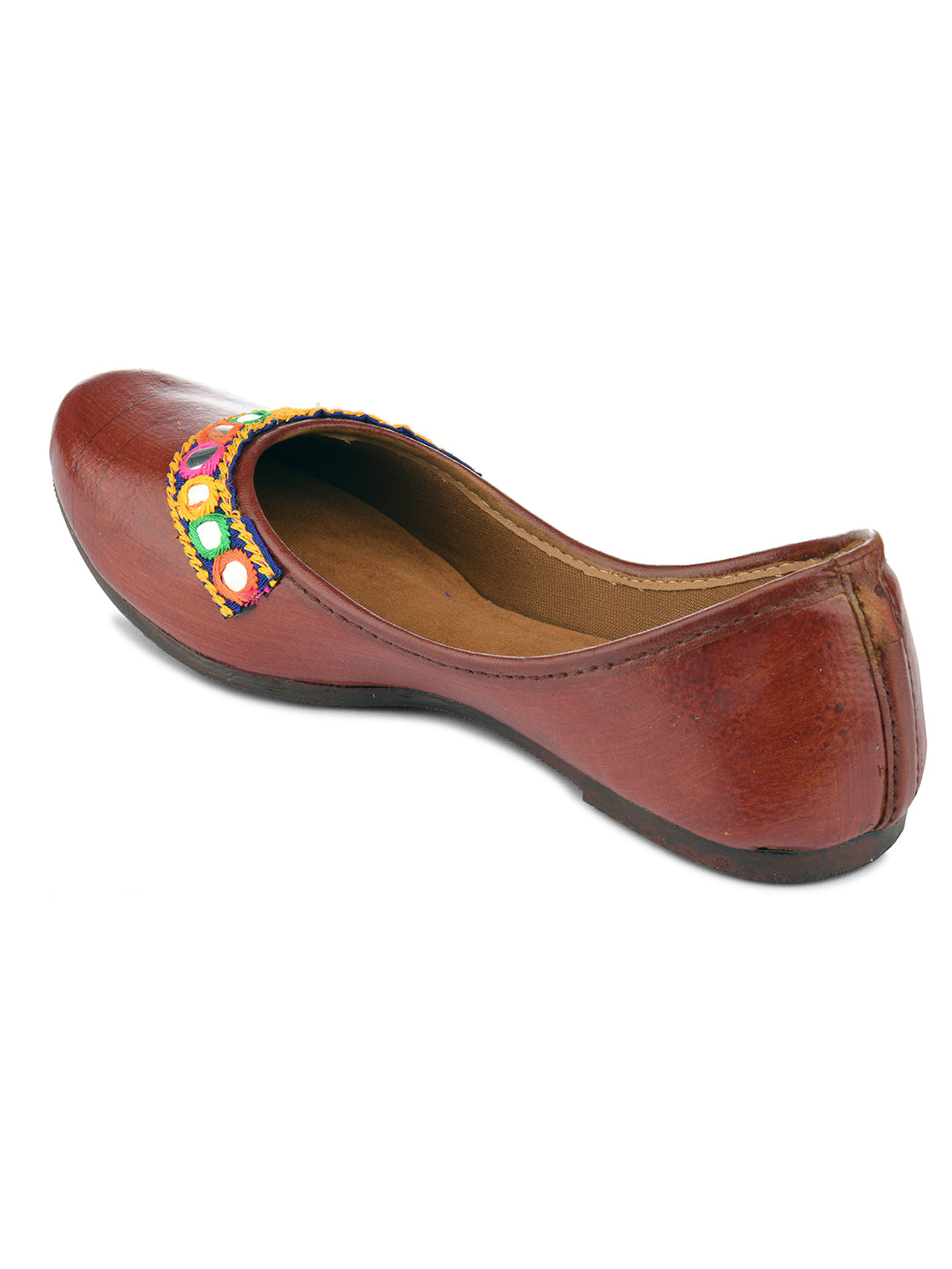 DESI COLOUR Women Brown Embellished Leather Ethnic Mojaris Flats