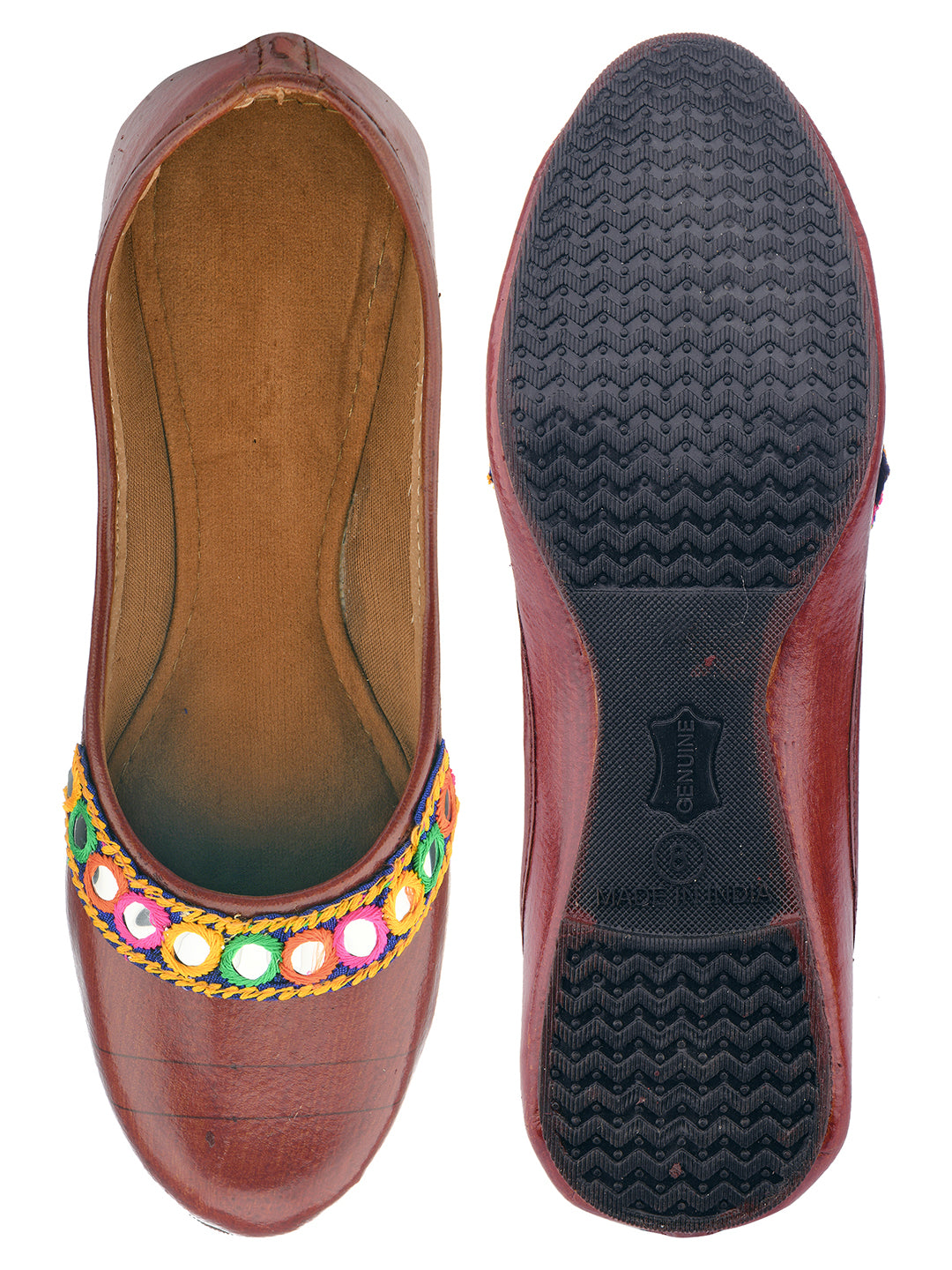 DESI COLOUR Women Brown Embellished Leather Ethnic Mojaris Flats