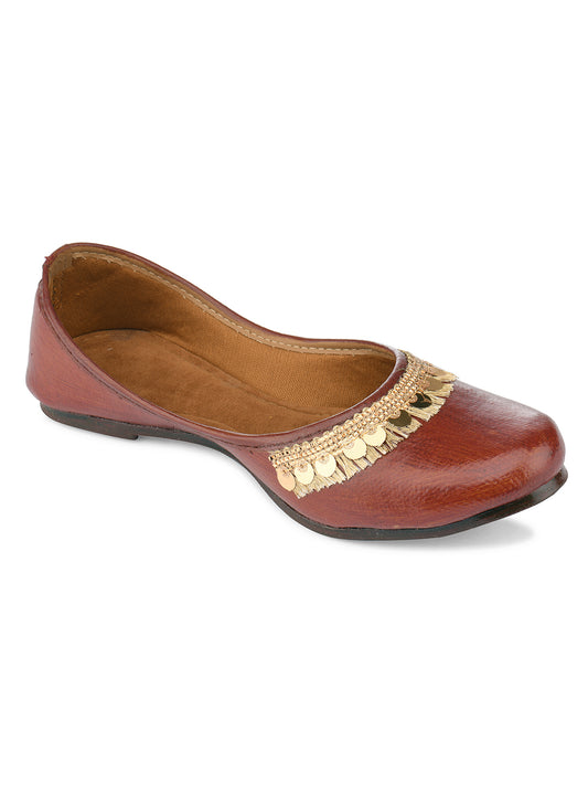 DESI COLOUR Women Brown  Gold-Toned Embellished Mojaris