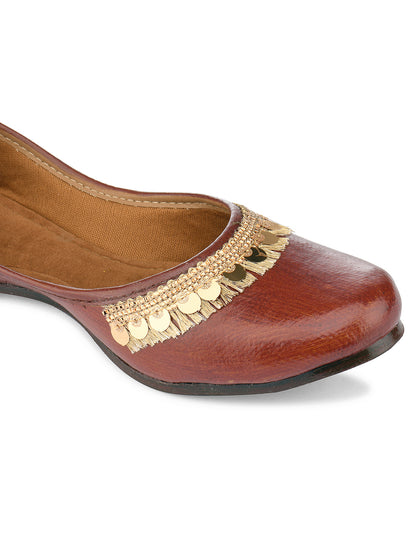DESI COLOUR Women Brown  Gold-Toned Embellished Mojaris