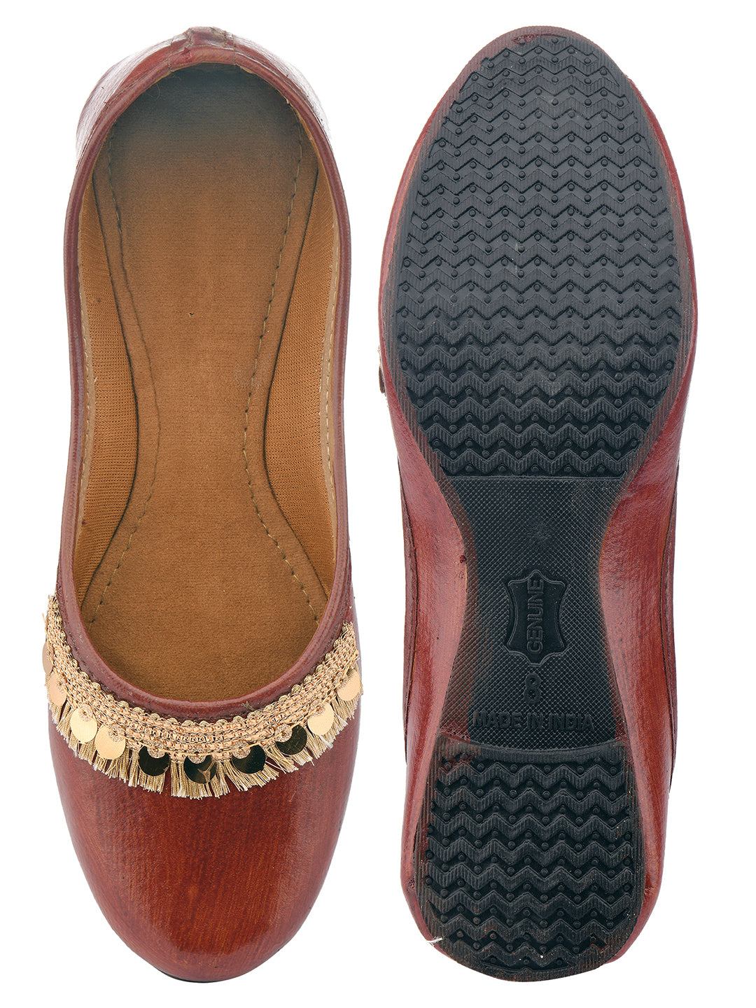 DESI COLOUR Women Brown  Gold-Toned Embellished Mojaris