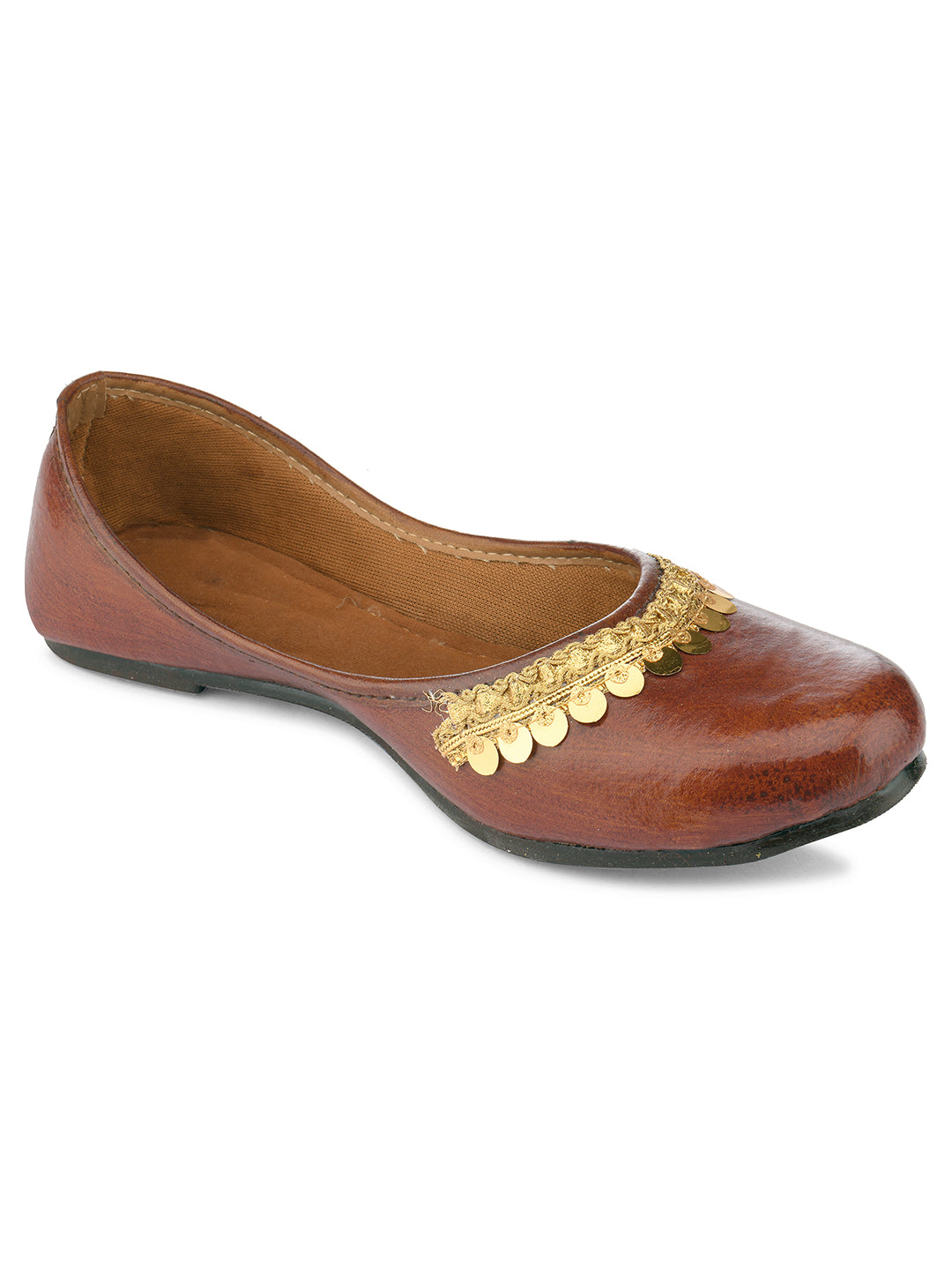 DESI COLOUR Women Brown  Gold-Toned Embellished Mojaris