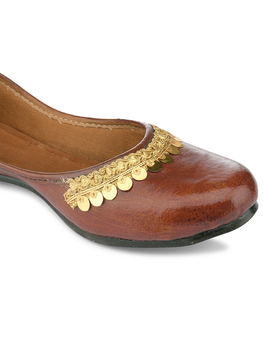 DESI COLOUR Women Brown  Gold-Toned Embellished Mojaris