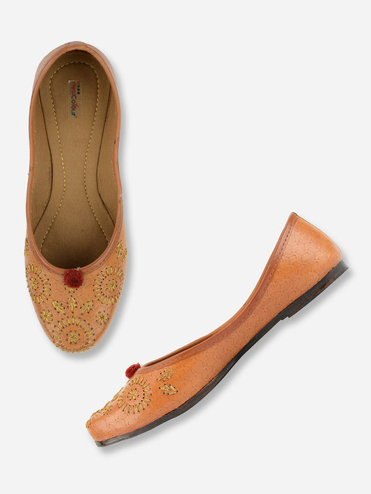 DESI COLOUR Women Brown Embellished Leather Ethnic Ballerinas