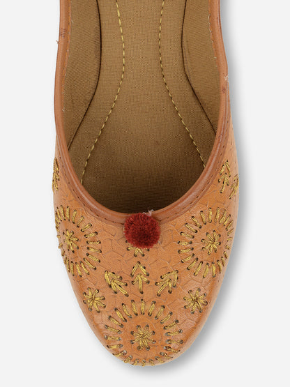 DESI COLOUR Women Brown Embellished Leather Ethnic Ballerinas
