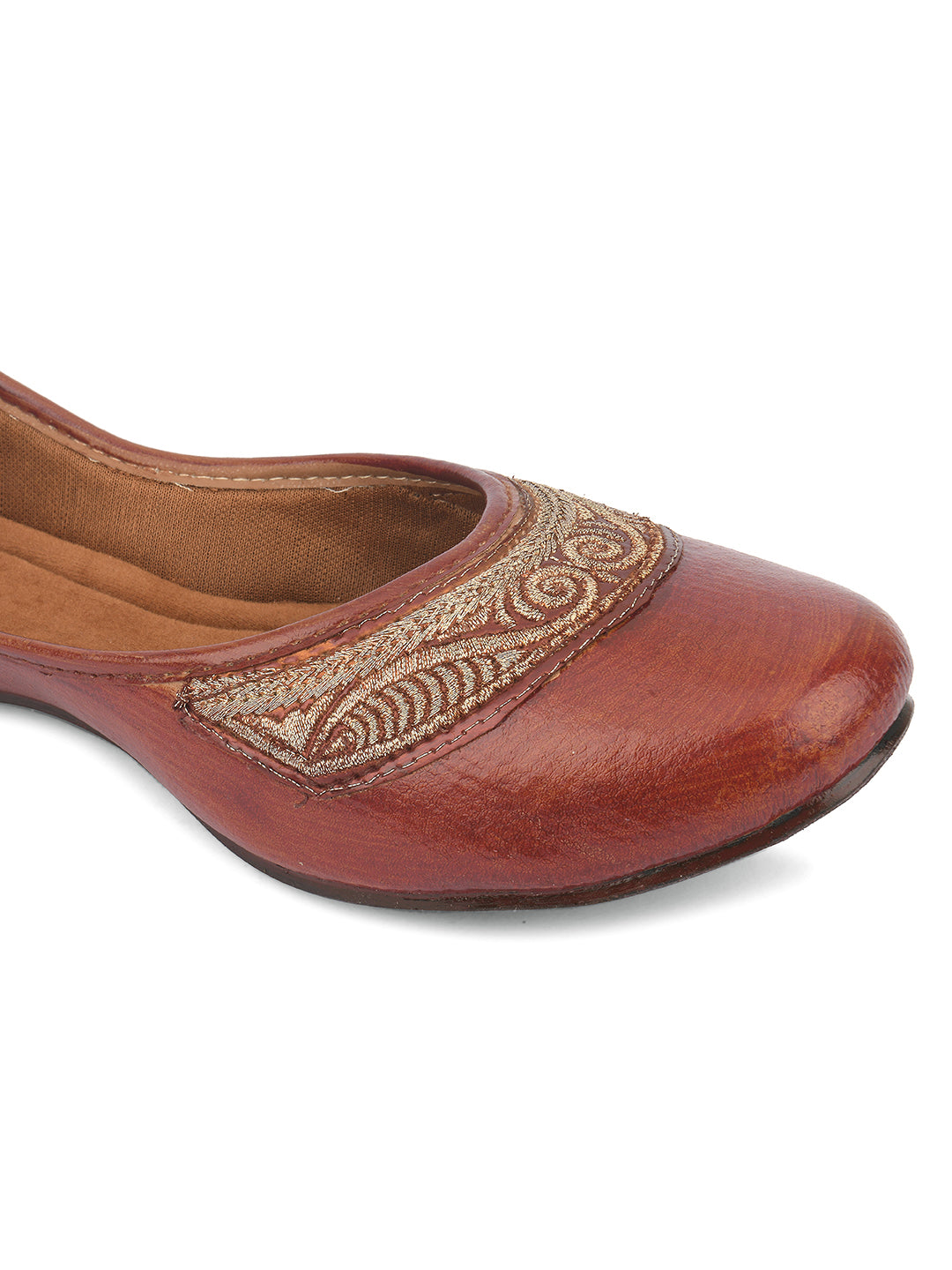 DESI COLOUR Women Brown Embellished Leather Ethnic Mojaris Flats
