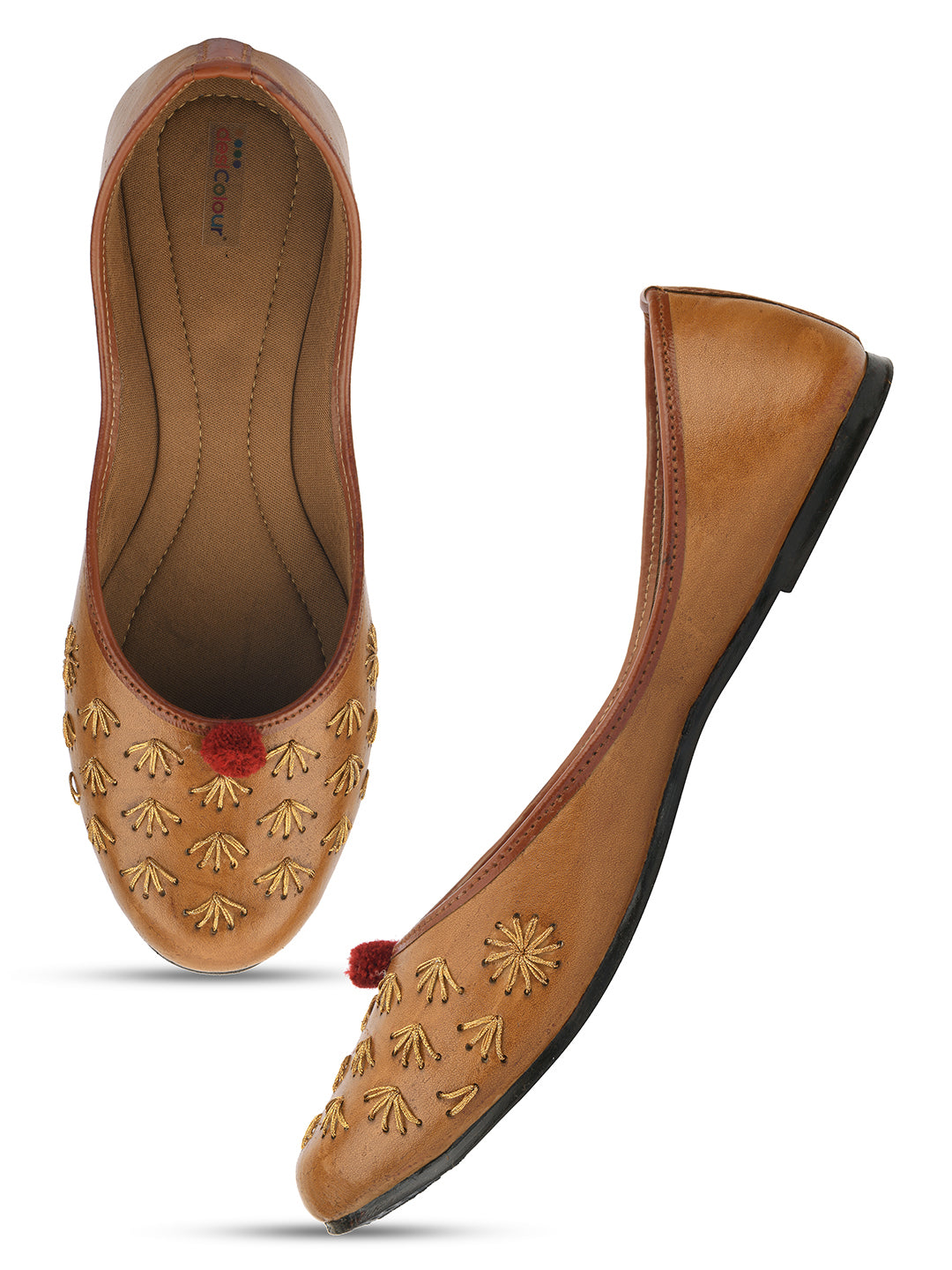 DESI COLOUR Women Brown Embellished Leather Ethnic Mojaris Flats