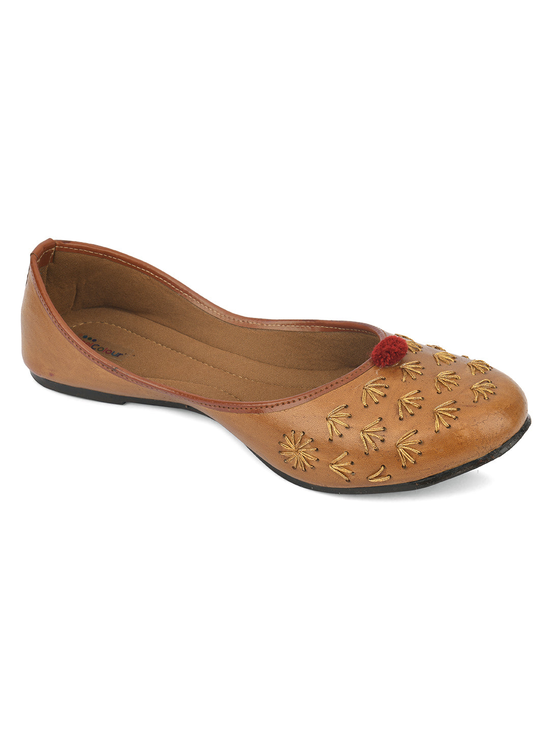 DESI COLOUR Women Brown Embellished Leather Ethnic Mojaris Flats