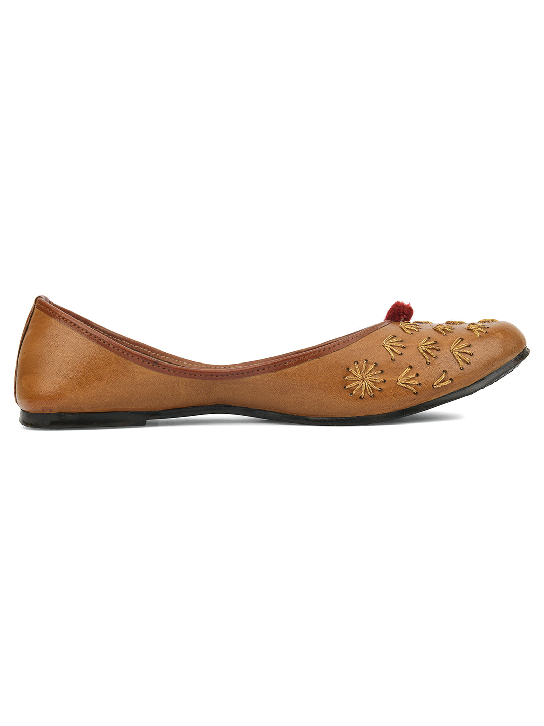 DESI COLOUR Women Brown Embellished Leather Ethnic Mojaris Flats