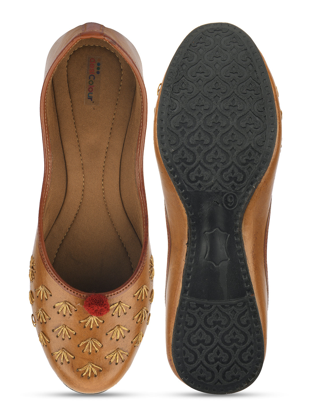 DESI COLOUR Women Brown Embellished Leather Ethnic Mojaris Flats