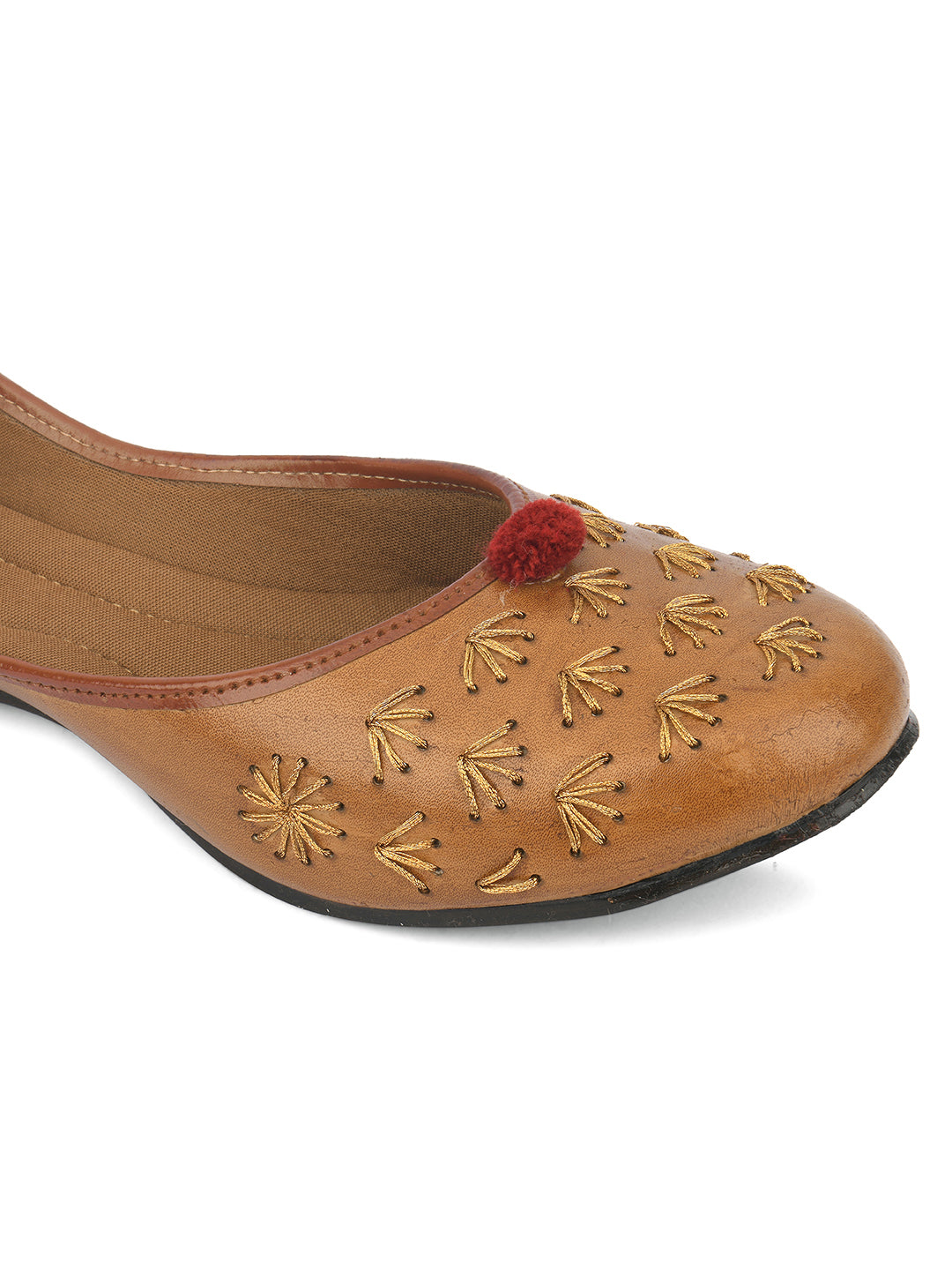 DESI COLOUR Women Brown Embellished Leather Ethnic Mojaris Flats
