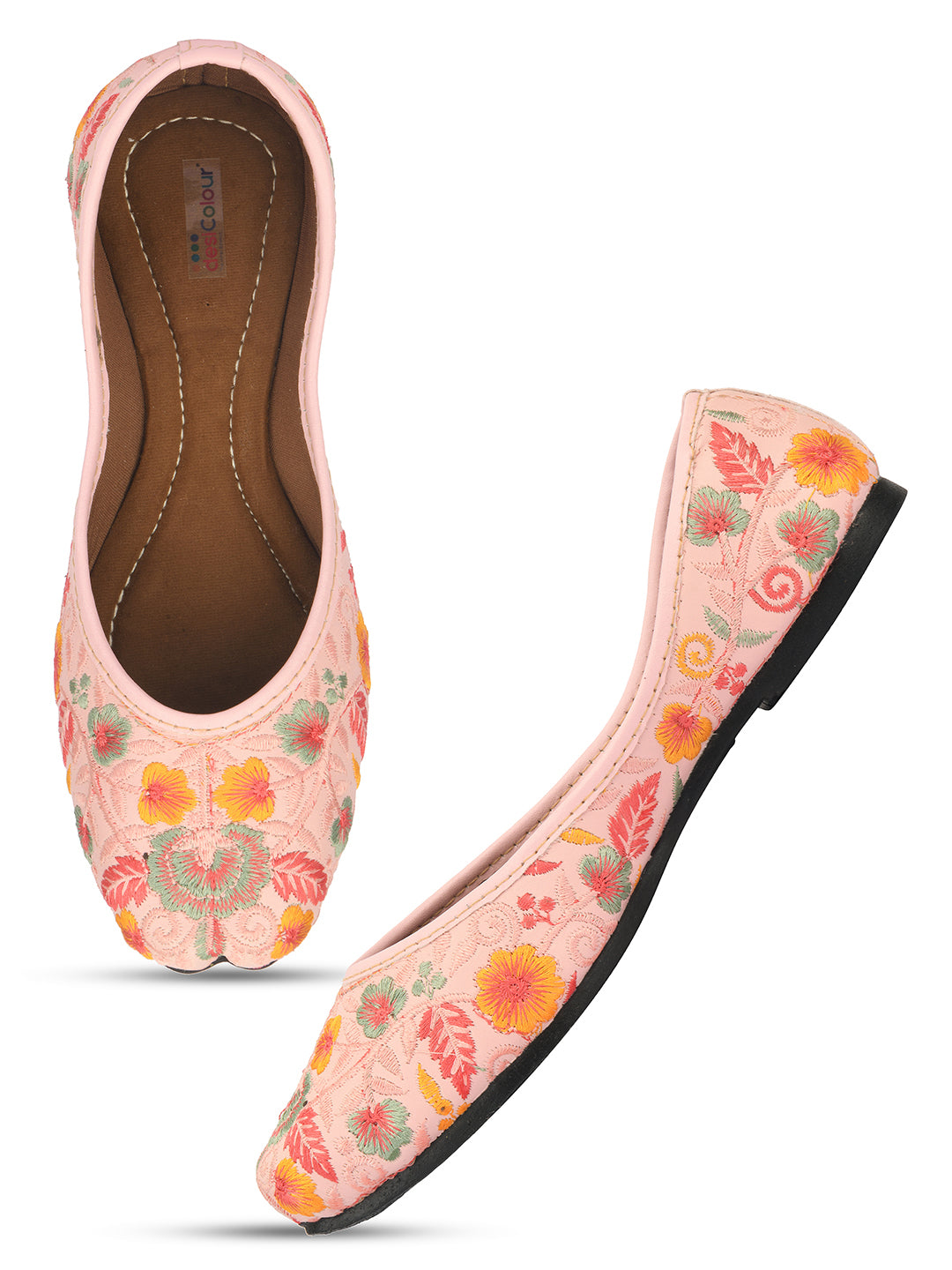DESI COLOUR Women Pink Printed Leather Ethnic Mojaris with Embroidered Flats