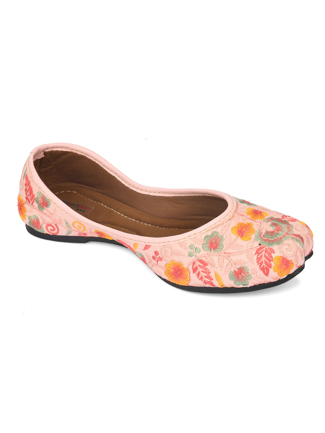 DESI COLOUR Women Pink Printed Leather Ethnic Mojaris with Embroidered Flats