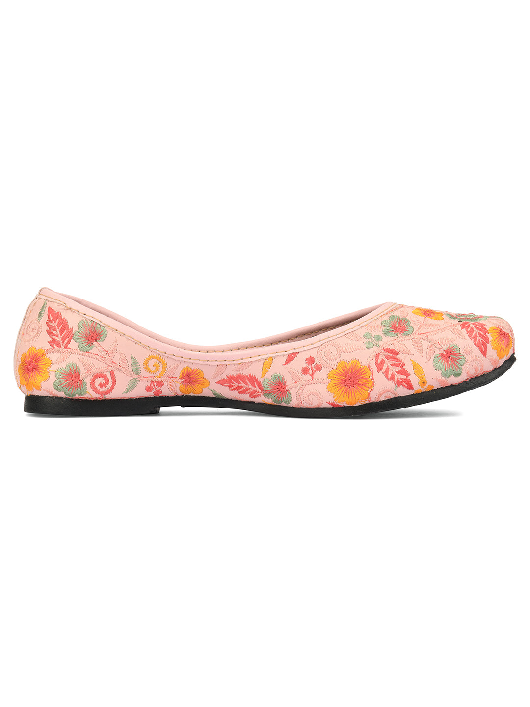 DESI COLOUR Women Pink Printed Leather Ethnic Mojaris with Embroidered Flats