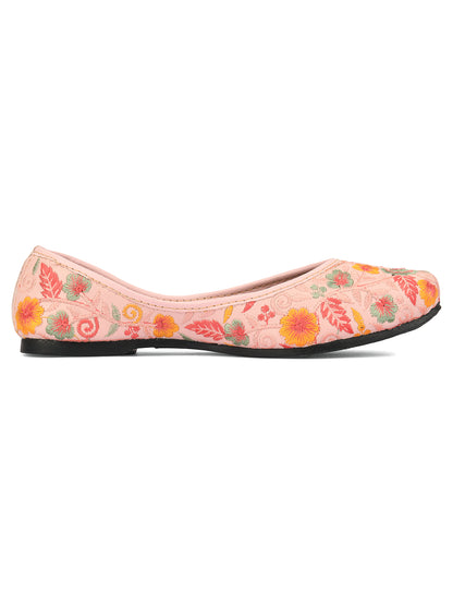 DESI COLOUR Women Pink Printed Leather Ethnic Mojaris with Embroidered Flats