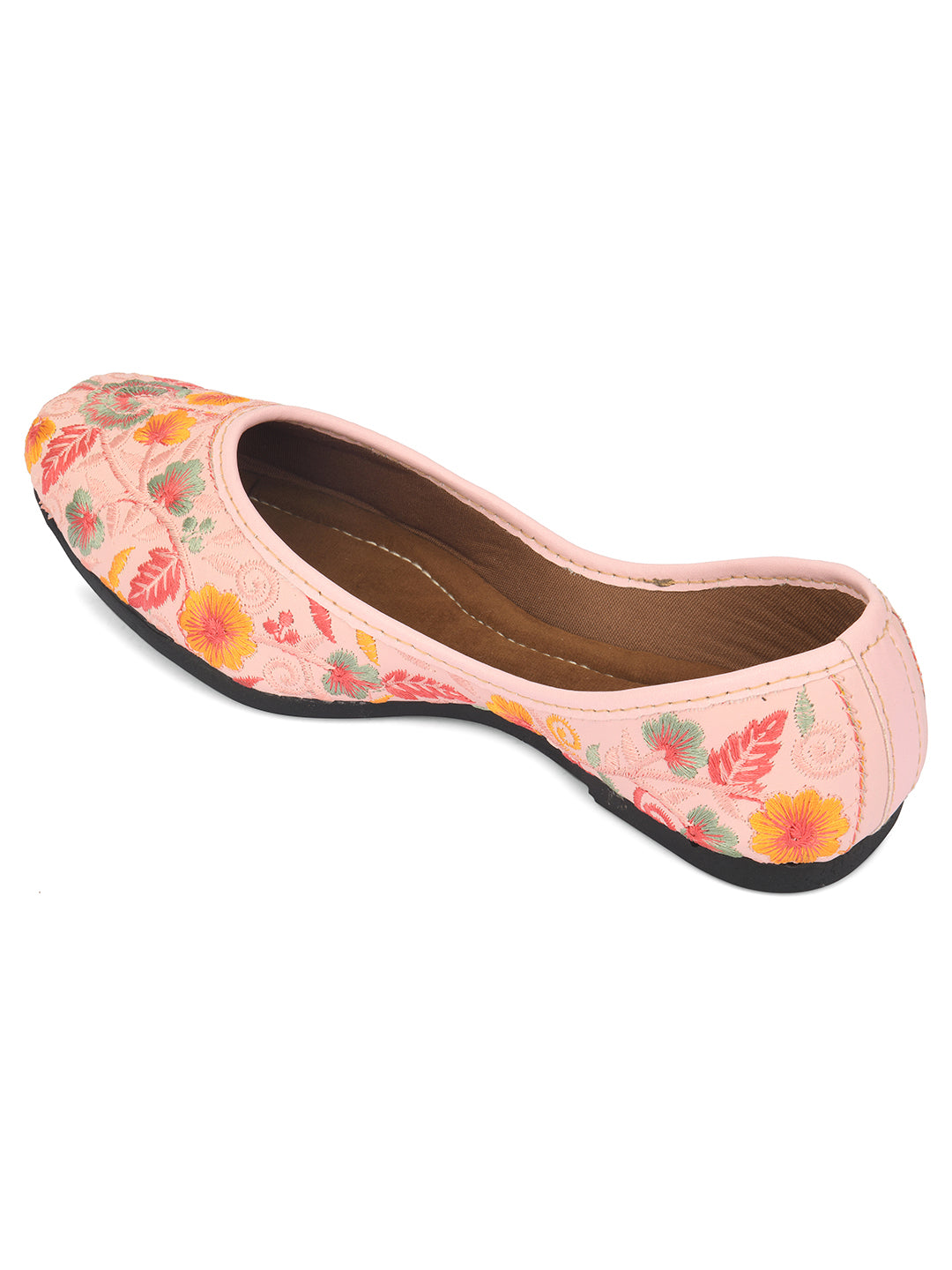 DESI COLOUR Women Pink Printed Leather Ethnic Mojaris with Embroidered Flats