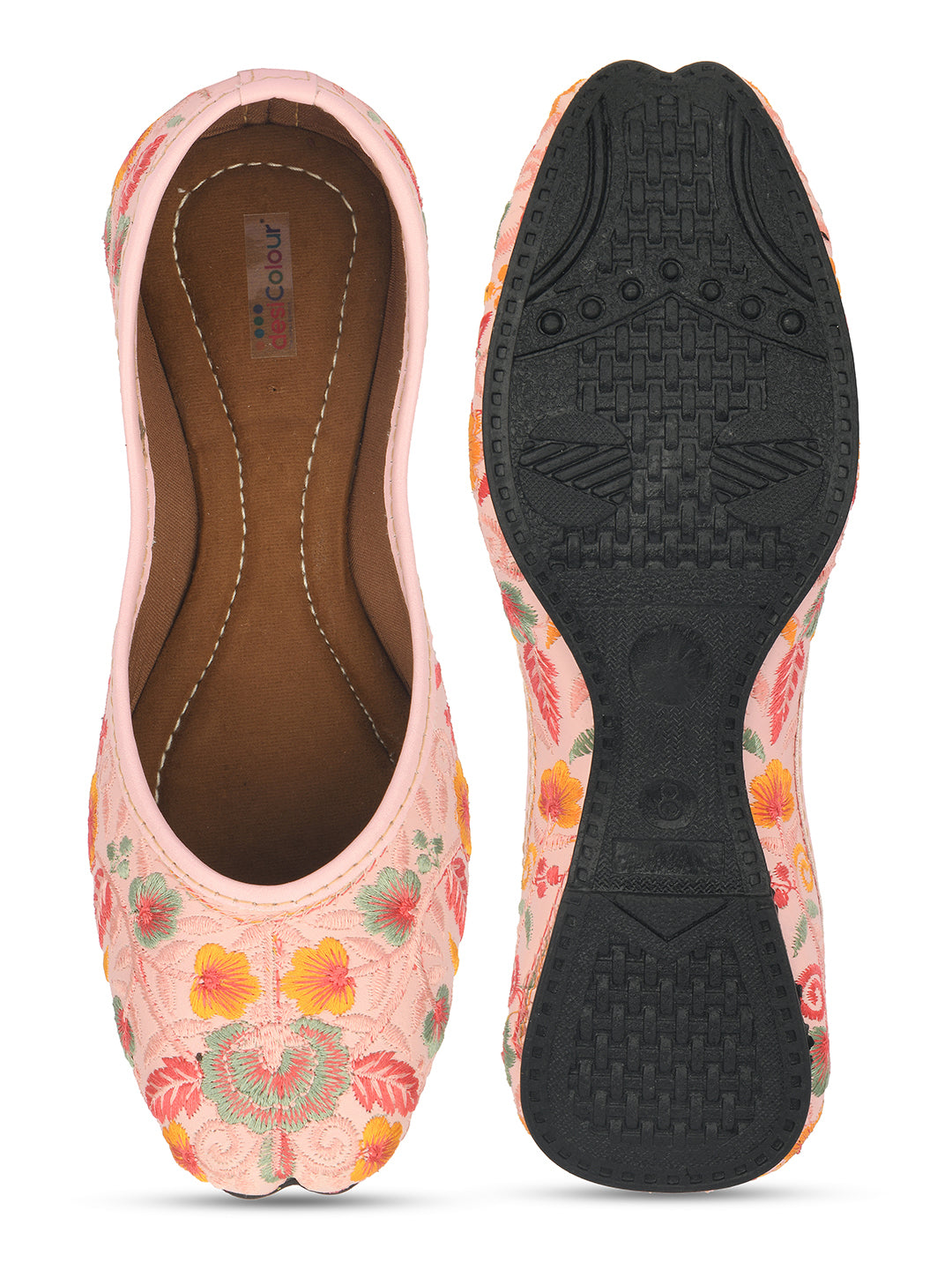 DESI COLOUR Women Pink Printed Leather Ethnic Mojaris with Embroidered Flats