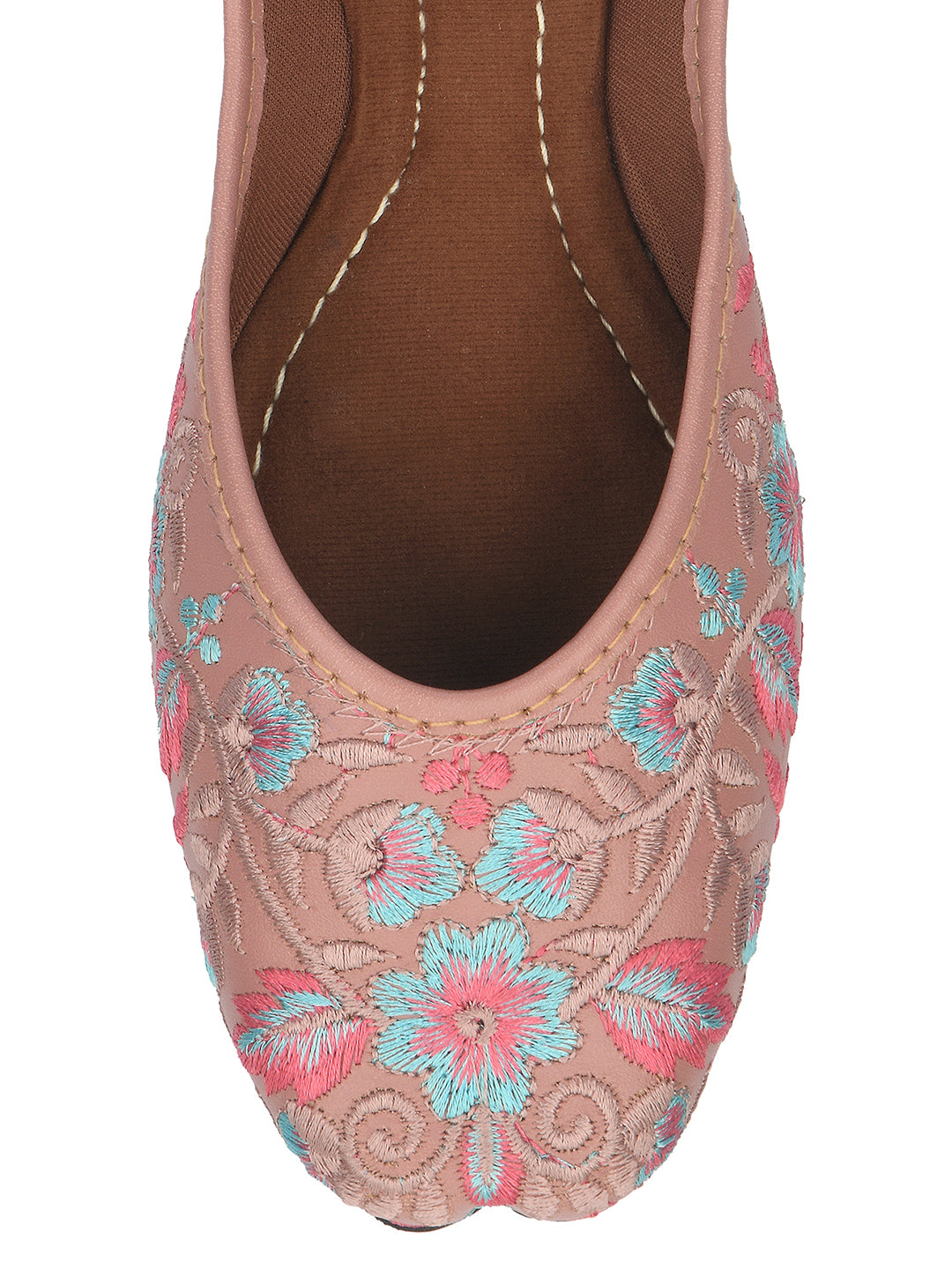 DESI COLOUR Women Peach-Coloured Leather Ethnic Mojaris with Embroidered Flats